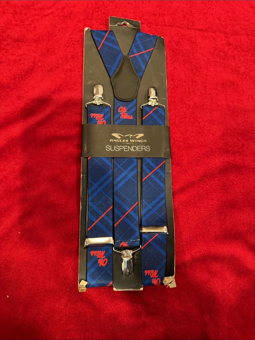 Eagles Wings Blue Plaid Suspenders with Red Accent OLE MISS